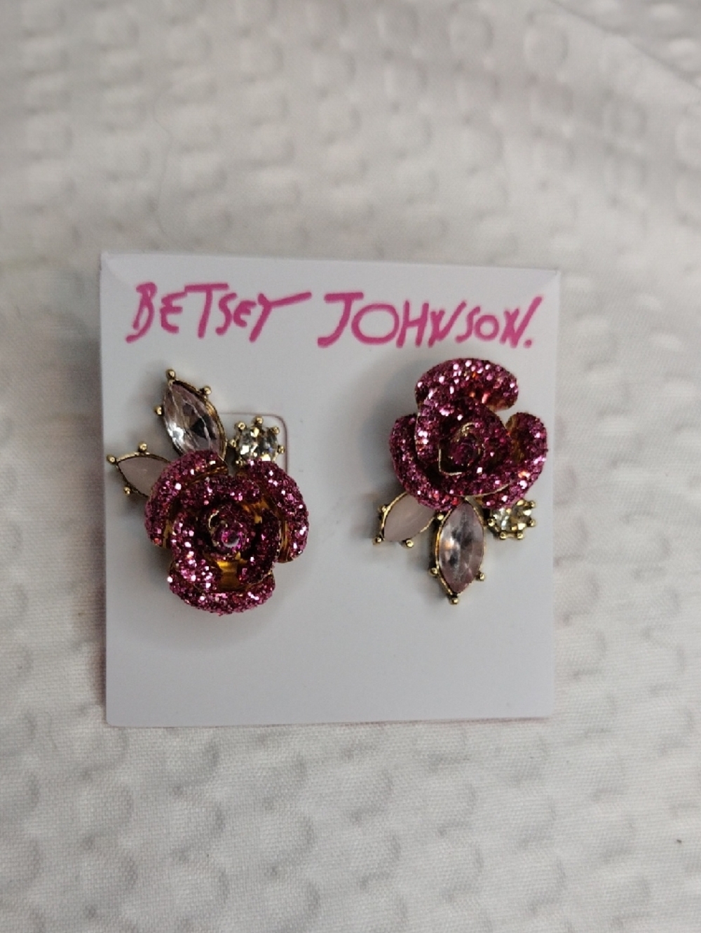 Betsey Johnson Sparkling Hot Pink Mismatch  Rose Stud Earrings With Accents - Picture 3 of 7